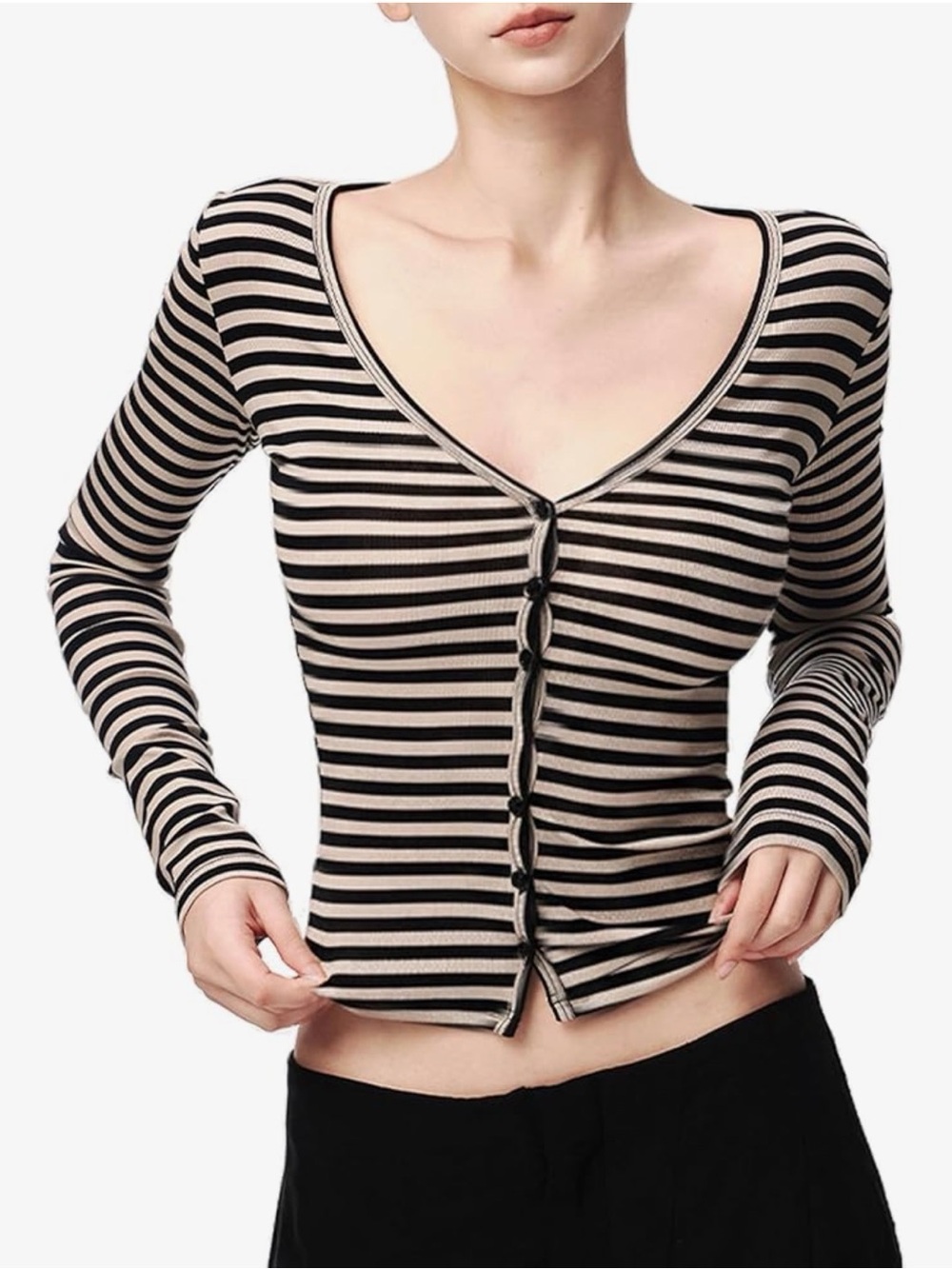 Long Sleeve Tops for Women V-Neck Striped Shirts Slim-Fit Stretch T Shirts